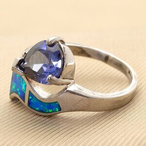 925 Silver Ring w CZ Sapphire and Lab Opal Accents, Elegant Vintage Silver Ring